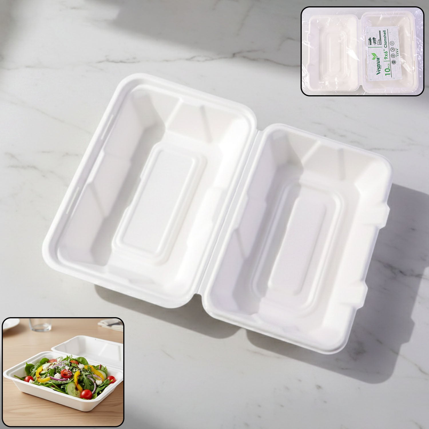 Vegnar Premium Bagasse Clamshell Food Box (10 Pc 9x6 Inch) – Leadzinkart