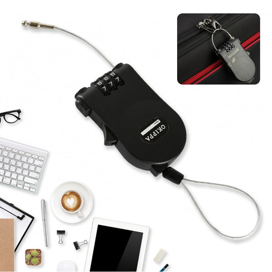17506 Multifunctional Cable Lock With Number Code For Travel Sports Etc. Retractable Wire Lockwire Black Shell Combination Password.