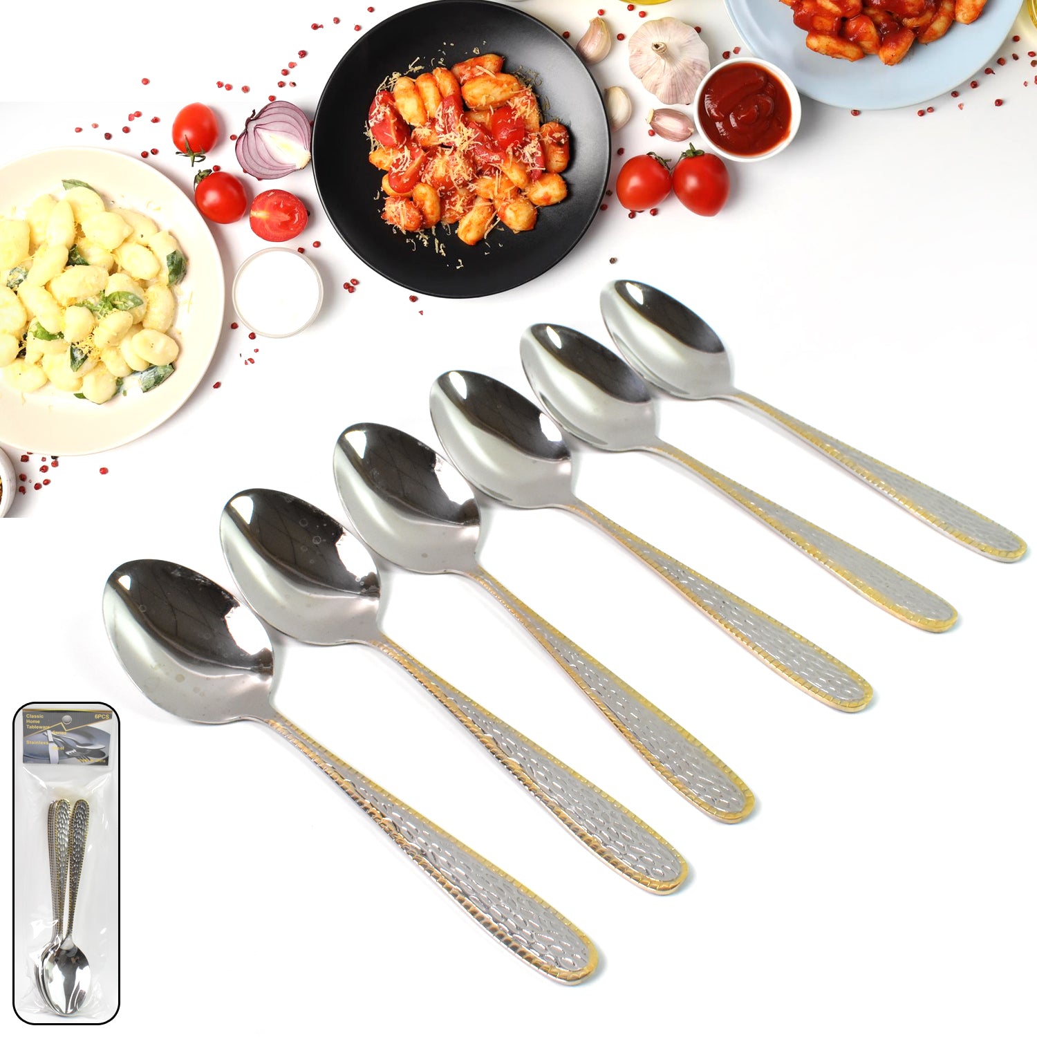 Stainless Steel Gold Bordered Textured Spoons Gold Plated Handle Set O ...