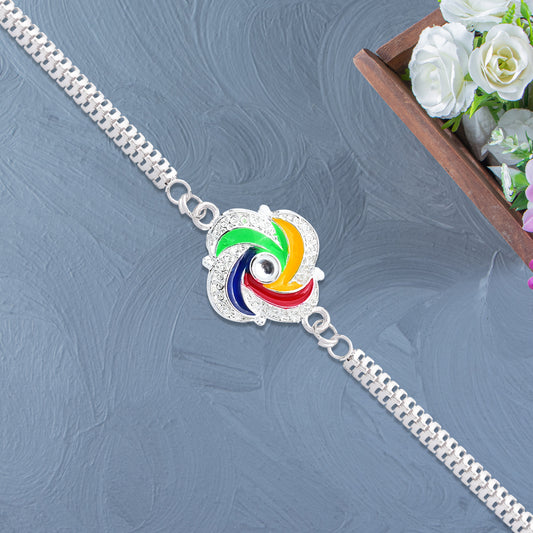 Stylish Silver Rakhi With Colorful Feather Detailing And Metal Chain