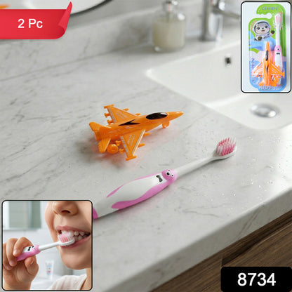 Kids Cartoon Toothbrush With Airplane Toy (2 Pc Set)