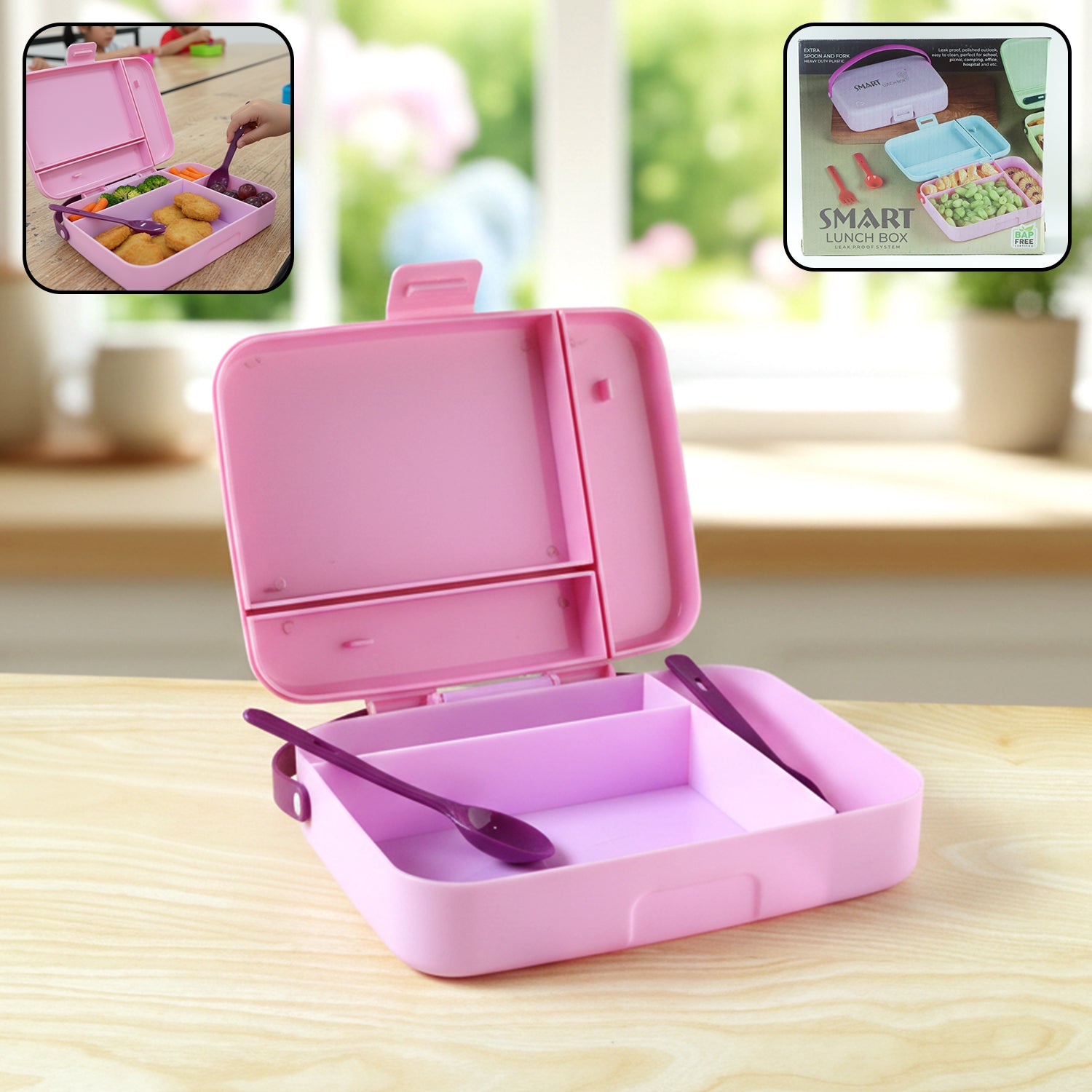 Smart Leak Proof Lunch Box With 3 Compartments And Spoon Set (1 Set ...