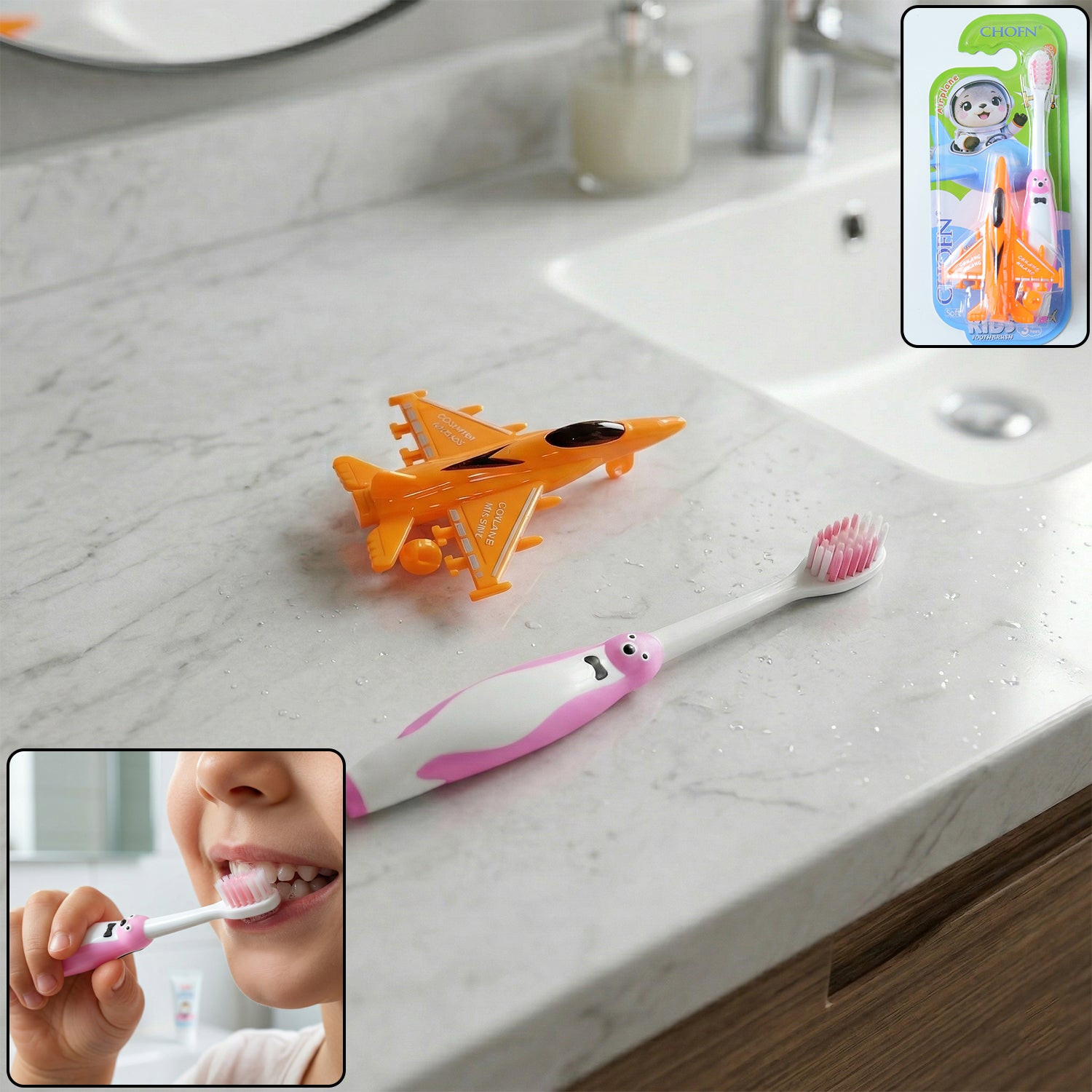 Kids Cartoon Toothbrush With Airplane Toy (2 Pc Set)