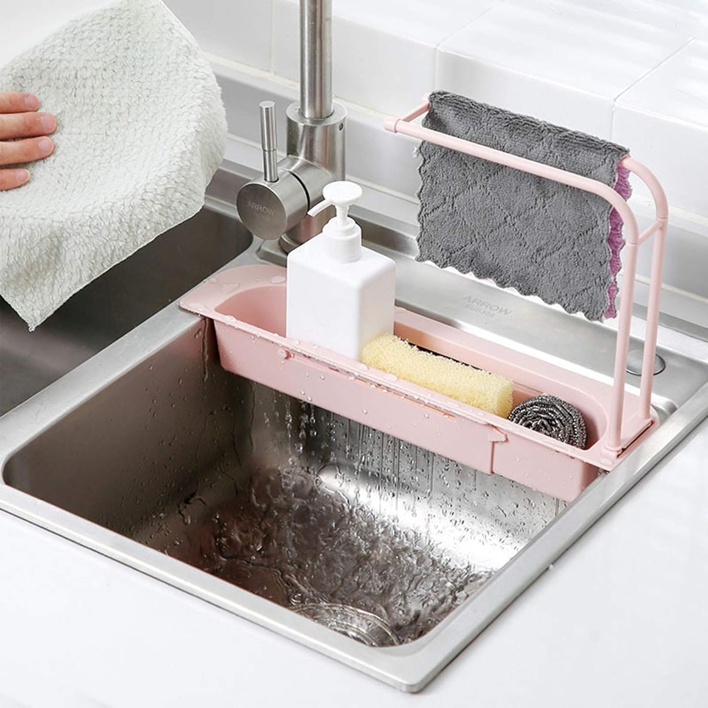 Kitchen Sink Organizer Rack With Towel Holder  Drain Tray (1 Pc)