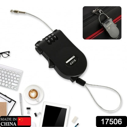 17506 Multifunctional Cable Lock With Number Code For Travel Sports Etc. Retractable Wire Lockwire Black Shell Combination Password.