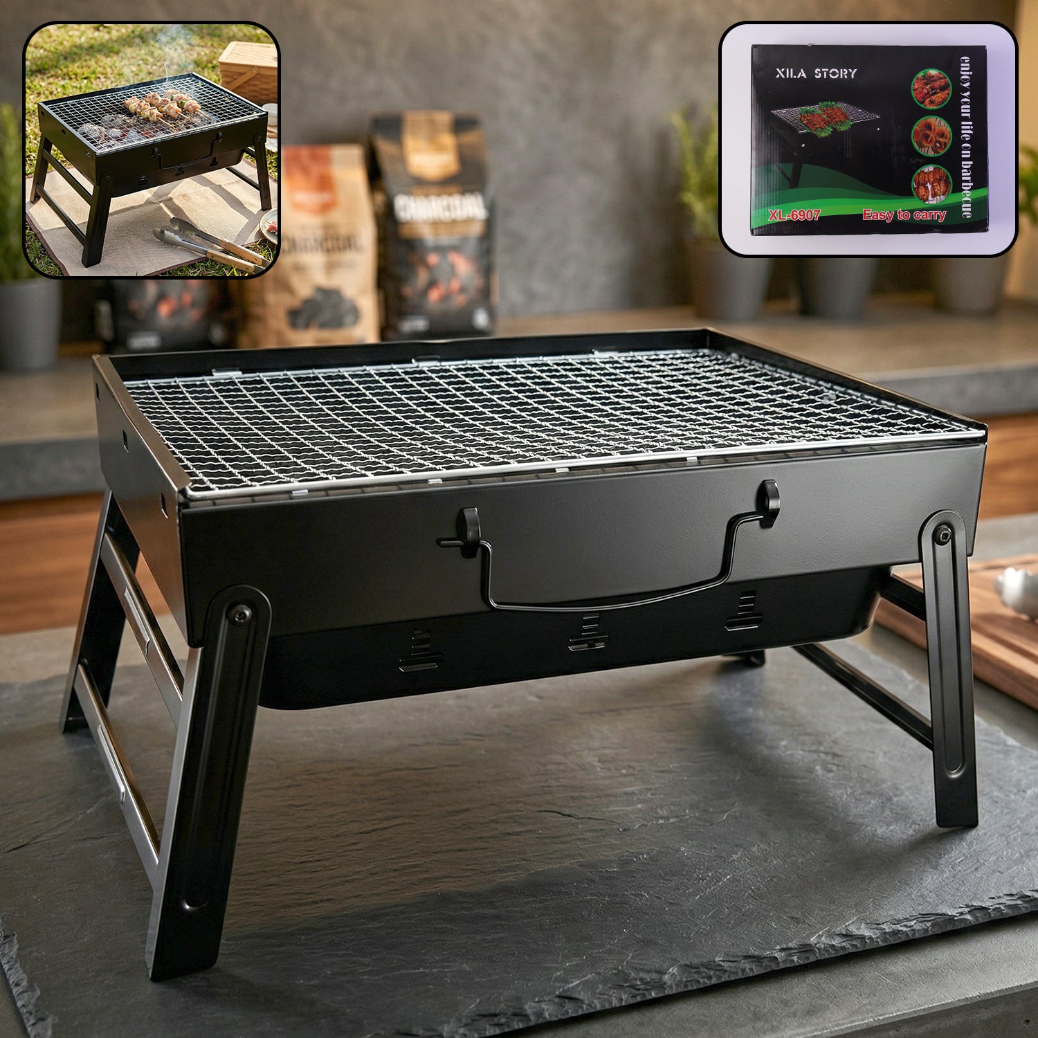 Portable Foldable Charcoal Bbq Grill With Grilling Mesh (1 Pc 36x27 Cm)