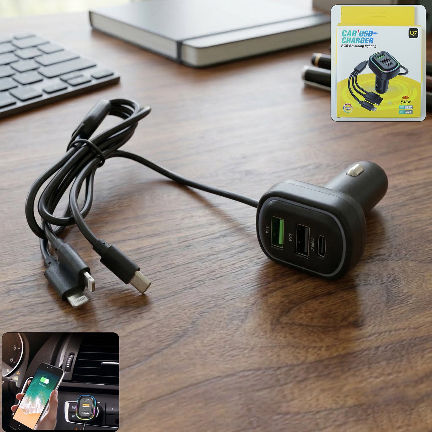 Rgb Breathing Light Multi Port Car Usb Charger (1 Set 62 Cm)