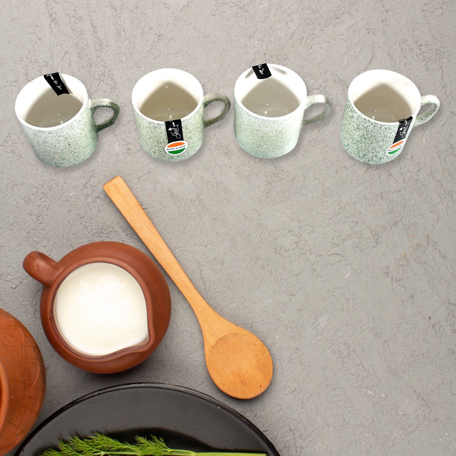 8240 Sunday Funday Ceramic Tea  Cups  Mug With Plastic Snacks Platter And 2 Compartment Chutney Bowl Milk Cup Coffee Cup Breakfast Cup Drinking Mug Or Outdoor For Household Gift For Birthday Wedding Party (6 Pcs Set)