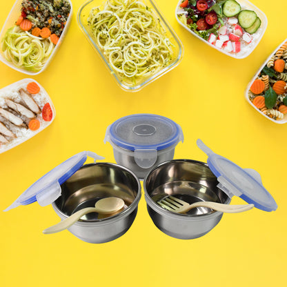 2201 Compact Stainless Steel Airtight Lunch Box Set - 4 Pcs (3 Leakproof Containers And 1 Bottle)