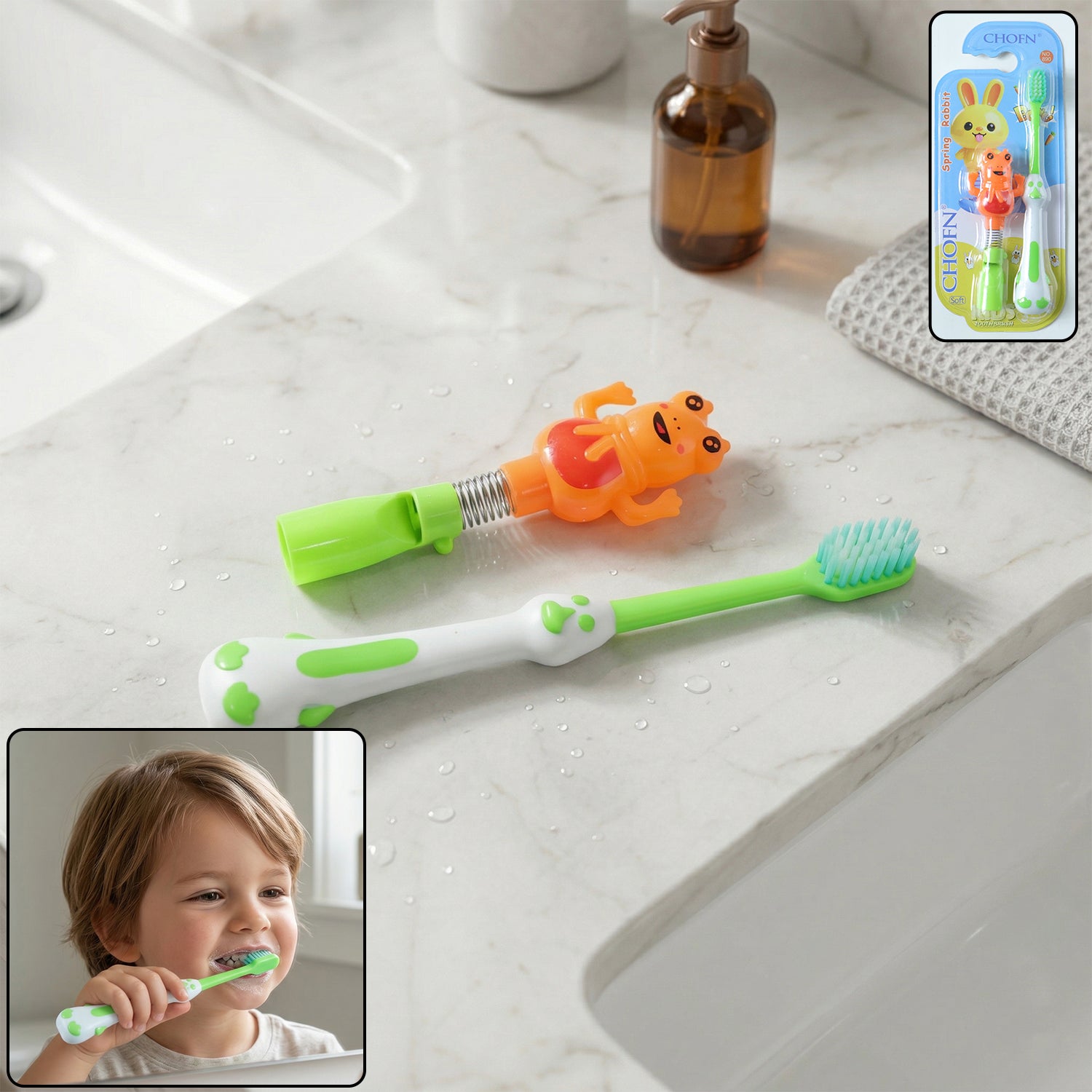 Kids Cartoon Spring Frog Toy With Toothbrush Set (2 Pc Set) – Leadzinkart