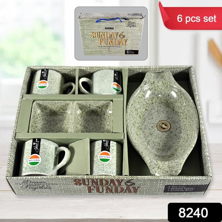8240 Sunday Funday Ceramic Tea  Cups  Mug With Plastic Snacks Platter And 2 Compartment Chutney Bowl Milk Cup Coffee Cup Breakfast Cup Drinking Mug Or Outdoor For Household Gift For Birthday Wedding Party (6 Pcs Set)