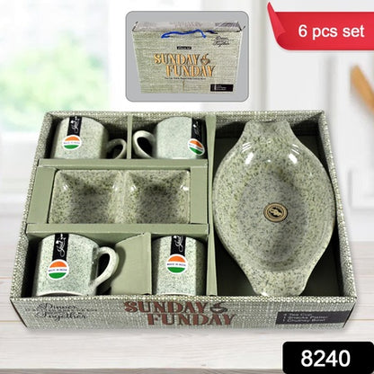 8240 Sunday Funday Ceramic Tea  Cups  Mug With Plastic Snacks Platter And 2 Compartment Chutney Bowl Milk Cup Coffee Cup Breakfast Cup Drinking Mug Or Outdoor For Household Gift For Birthday Wedding Party (6 Pcs Set)
