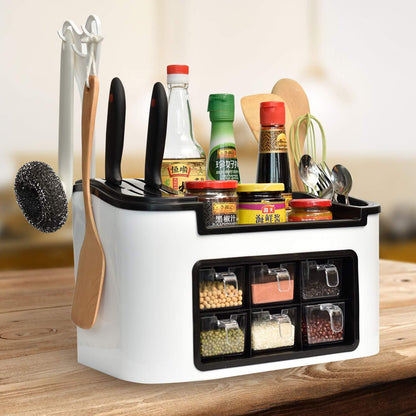 Multifunctional Kitchen Storage Organizer Rack With 6 Spice Containers Knife  Spoon Holder And Top Shelf