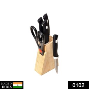0102 Kitchen Knife Set with Wooden Block and Scissors (5 pcs, Black) Your Brand