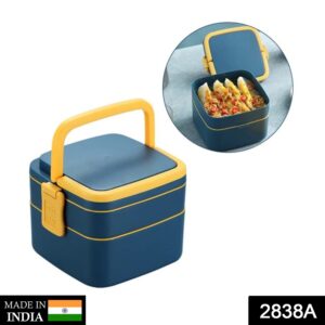 2838A BLUE DOUBLE-LAYER PORTABLE LUNCH BOX STACKABLE WITH CARRYING HANDLE AND SPOON LUNCH BOX , Bento Lunch Box