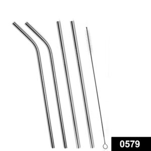 0579 Set of 4 Stainless Steel Straws & Brush (2 Straight straws, 2 Bent straws, 1 Brush)