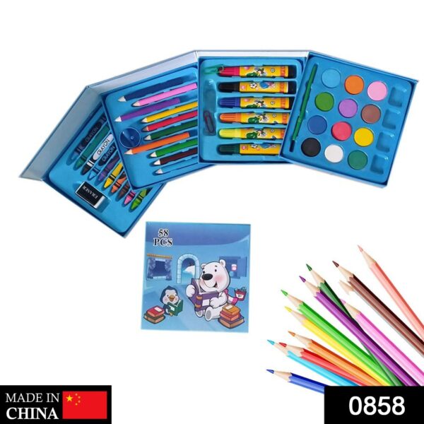0858 Plastic Art Colour Set 58 pcs with Color Pencil, Crayons, Oil Pastel and Sketch Pens