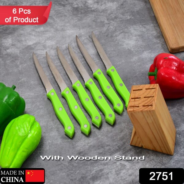 2751 6in1 Multipurpose Stainless Steel Fine Edge Knife Set with Perfect Grip Handle And Wooden Stand for Home Kitchen Knives Set Combo