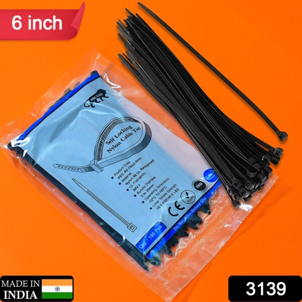 3139 6Inch Nylon Self Locking Cable Ties, Heavy Duty Strong Zip Wire Tie. Pack of 100 - Black.