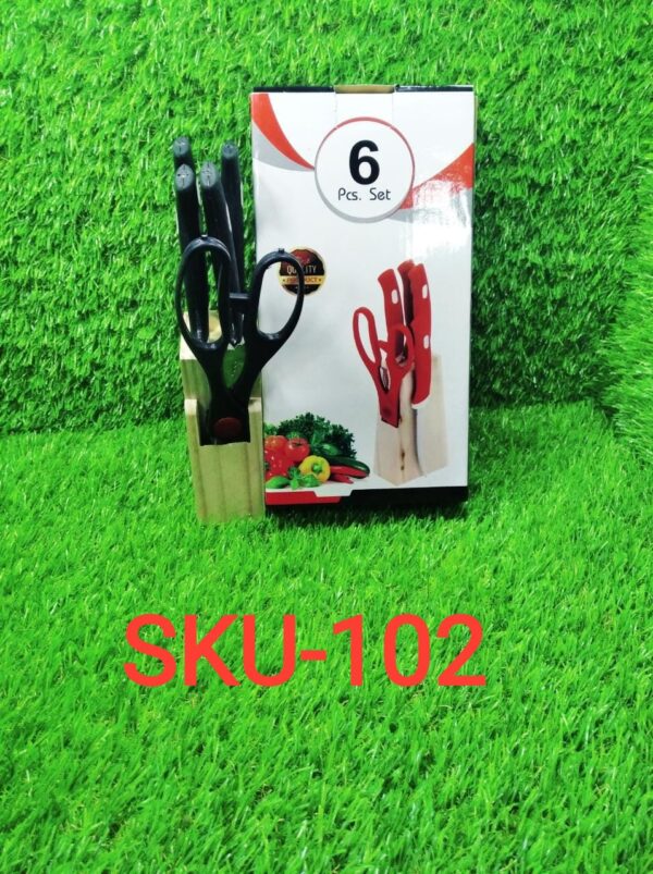 0102 Kitchen Knife Set with Wooden Block and Scissors (5 pcs, Black) Your Brand